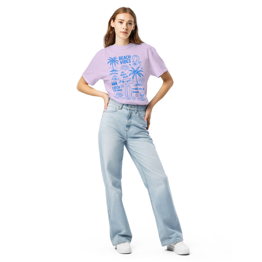 Beach vibes graphic t-shirt with coastal summer text design and relaxed ocean inspired aesthetic.