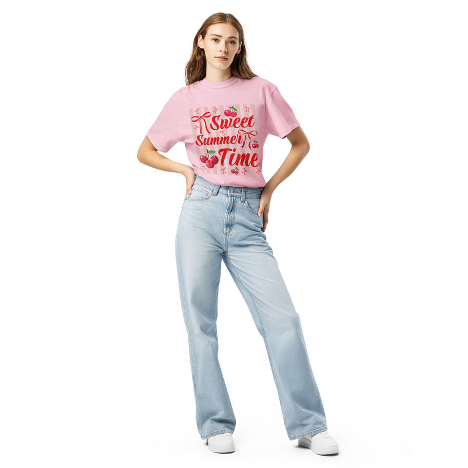 Sweet summer time graphic t-shirt with cherries and bows coquette aesthetic design in cute pastel summer style.