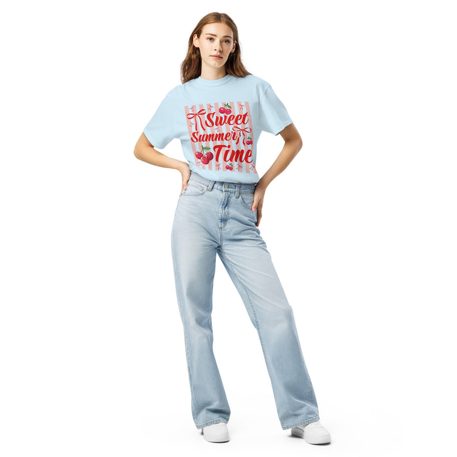Sweet summer time graphic t-shirt with cherries and bows coquette aesthetic design in cute pastel summer style.