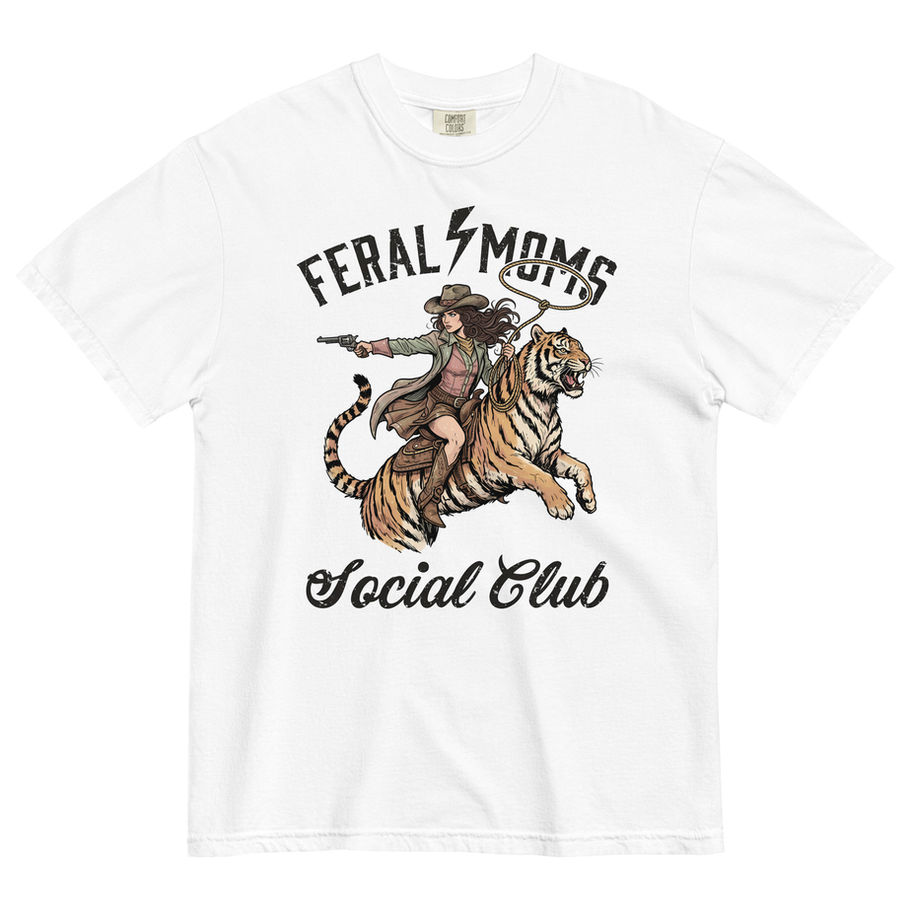 “Feral Moms Social Club graphic t-shirt in cream beige, featuring a distressed vintage western illustration of a fierce cowgi