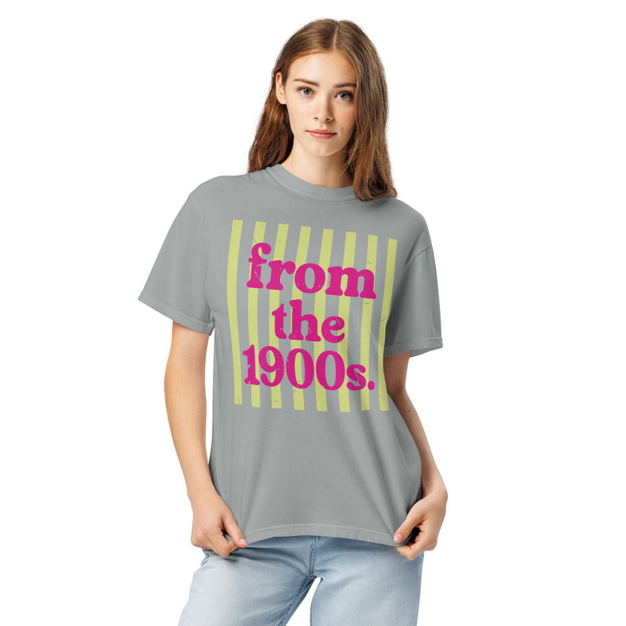 Gray t-shirt with bold retro graphic text “from the 1900s” in colorful vintage style design worn as casual aesthetic streetwe