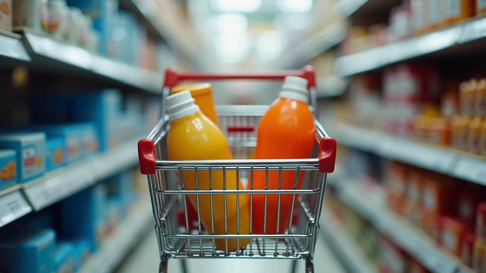 Close-up view of a shopping cart with various products