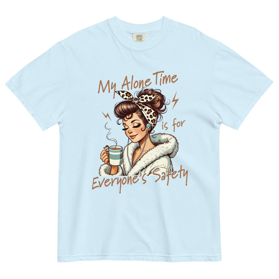 black t-shirt with vintage woman holding coffee and the quote “my alone time is for everyone’s safety”
