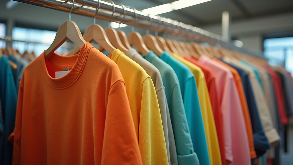 Eye-level view of a colorful mom life humor shirt hanging on a rack