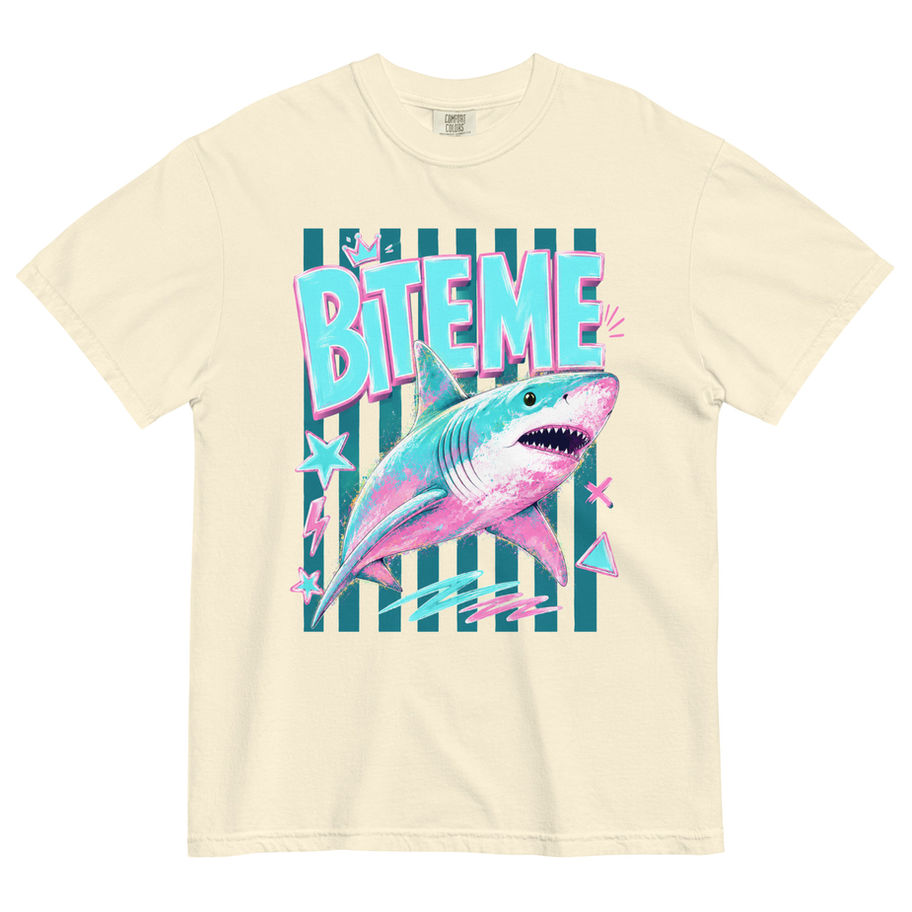Retro Bite Me shark graphic t-shirt in vintage charcoal gray, featuring a colorful 90s aesthetic design with a pink shark and