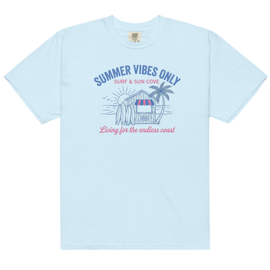 BLUE "Off-white Ivory heavyweight garment-dyed shirt with a colorful retro summer graphic."