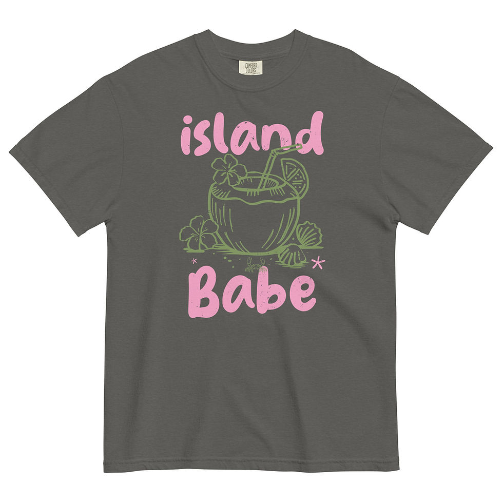 Charcoal gray heavyweight garment-dyed t-shirt featuring a minimalist tropical coconut drink graphic and retro Island Babe ty