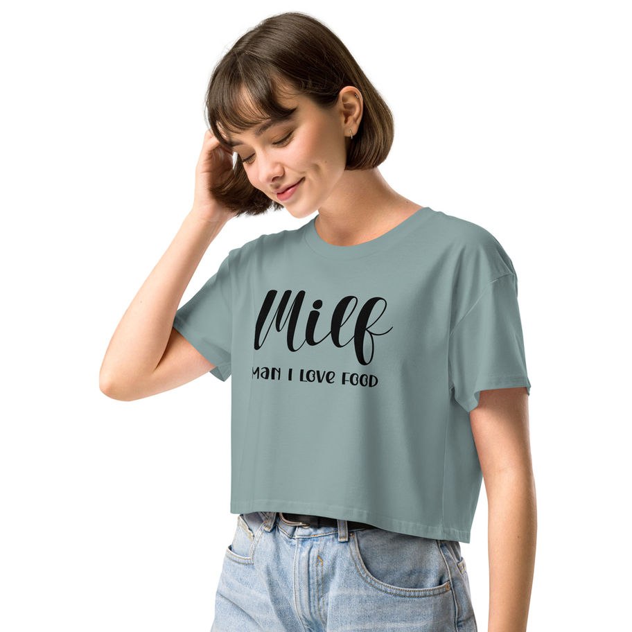 mineral crop top with the phrase “MILF Men I Love Food” in bold playful lettering