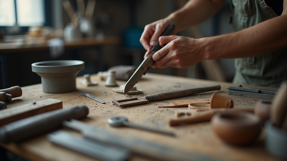 Eye-level view of tools and materials used for custom orders in an artisan workshop
