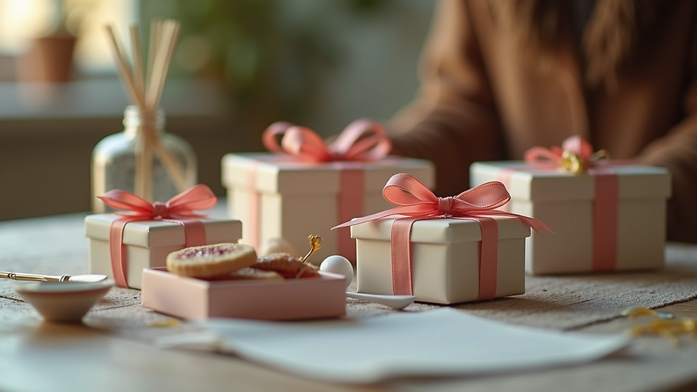 Eye-level view of stylish graduation gifts arranged on a table