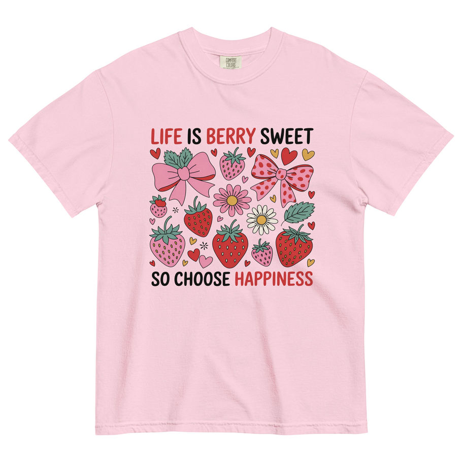 “Life is Berry Sweet So Choose Happiness graphic t-shirt in vintage blue jean gray, featuring a vibrant summer design with fr