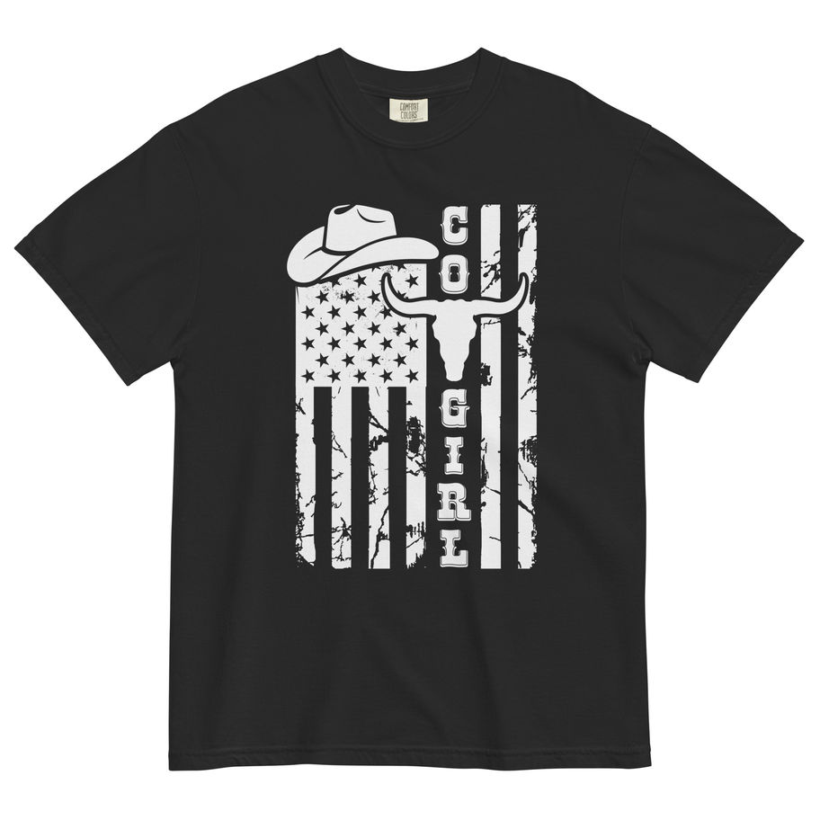 Cowgirl graphic t-shirt in solid black, featuring a distressed vintage American flag background pattern layered with a detail