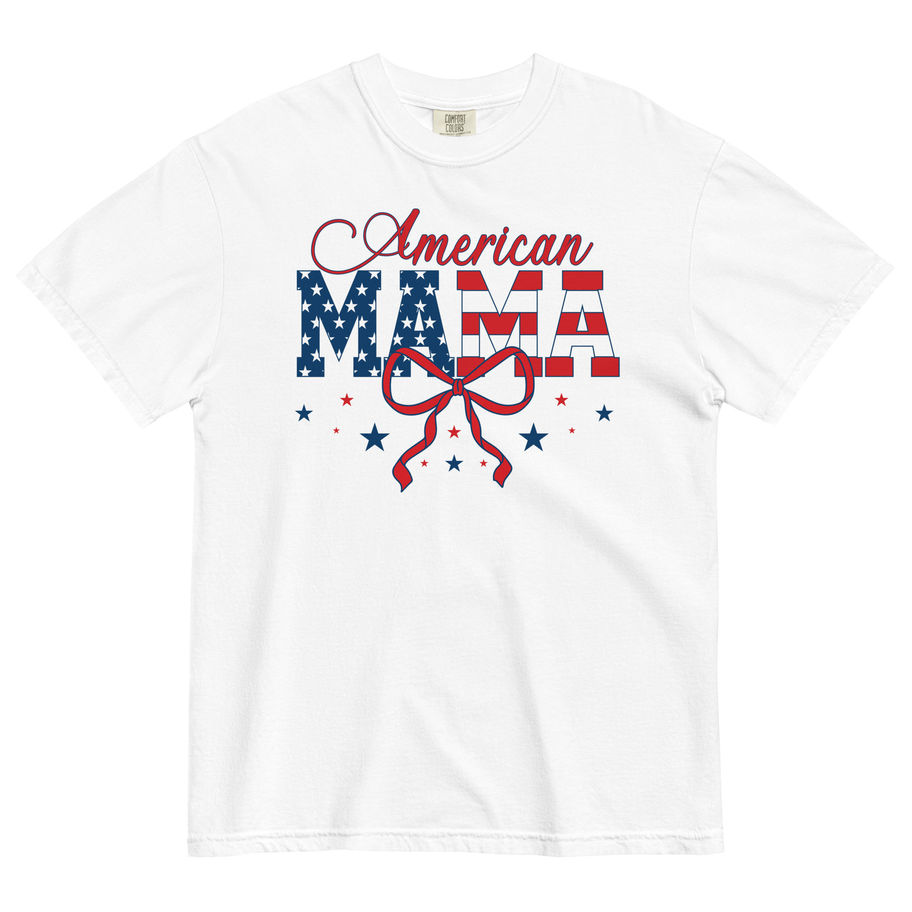 “American Mama graphic t-shirt in solid black, featuring a retro 4th of July design with patriotic star-spangled MAMA block l
