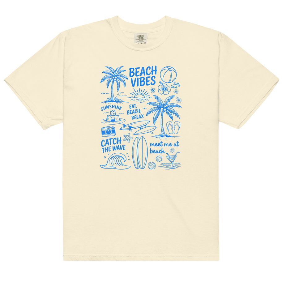 Beach vibes graphic t-shirt with coastal summer text design and relaxed ocean inspired aesthetic.