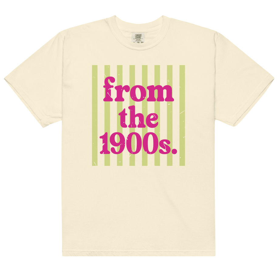 Gray t-shirt with bold retro graphic text “from the 1900s” in colorful vintage style design worn as casual aesthetic streetwe
