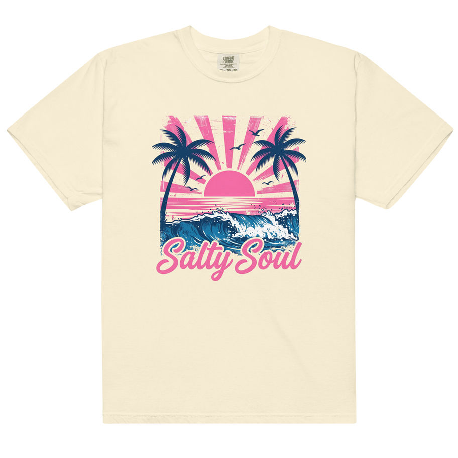 Salty soul graphic t-shirt with coastal beach inspired text design and relaxed summer ocean aesthetic.