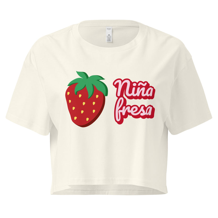 natural  crop top with strawberry illustration and the text “nina fresa”