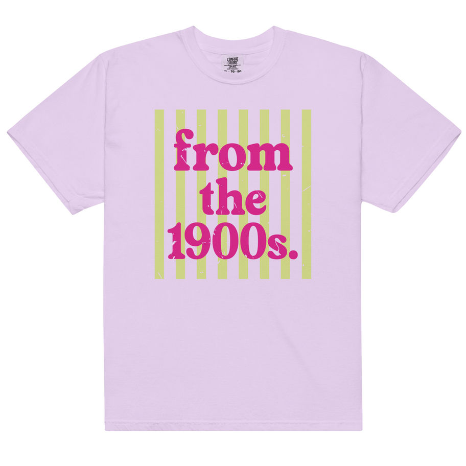 Gray t-shirt with bold retro graphic text “from the 1900s” in colorful vintage style design worn as casual aesthetic streetwe
