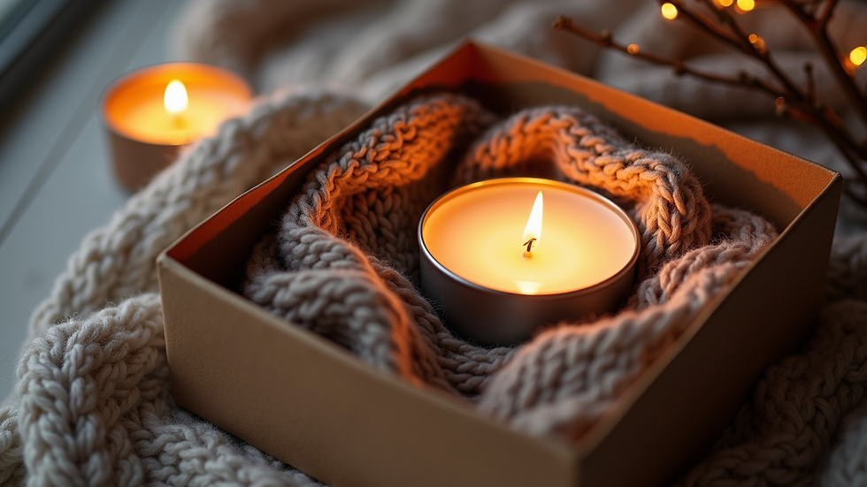 Close-up view of a gift box with a cozy scarf and candle inside