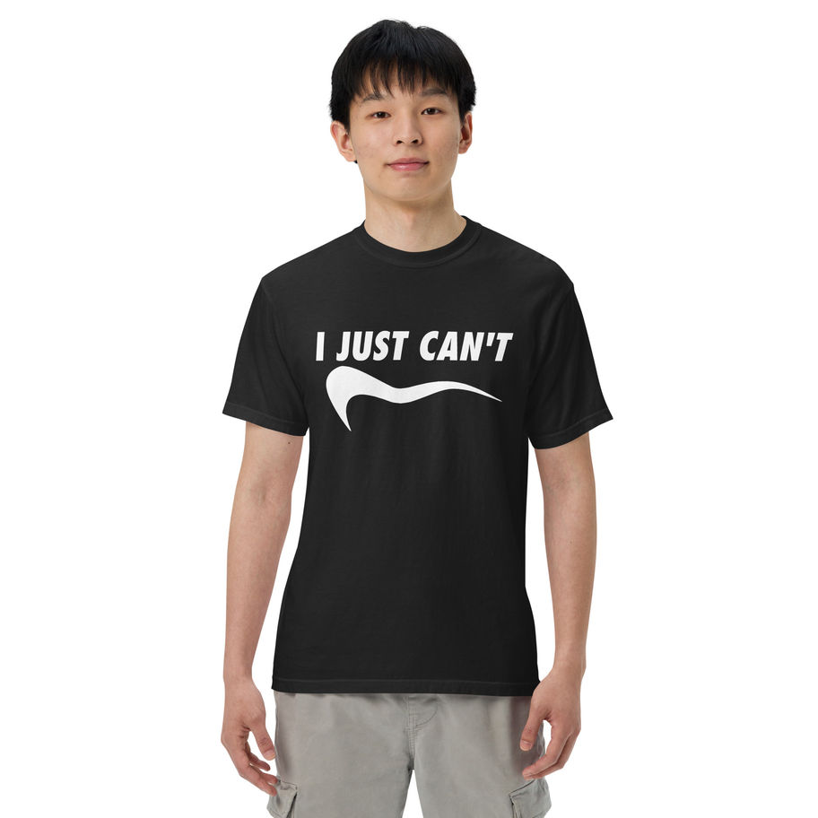 “I Just Can't funny minimalist graphic t-shirt in vintage blue jean gray, featuring a clean white cursive typography design w