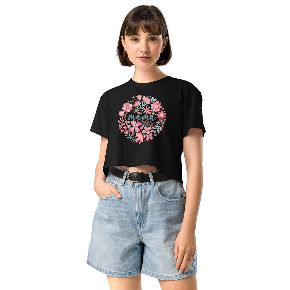 black cropped t-shirt with pink floral circle and the word “mama”