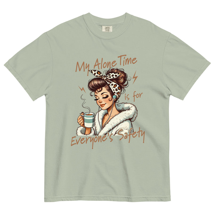 black t-shirt with vintage woman holding coffee and the quote “my alone time is for everyone’s safety”