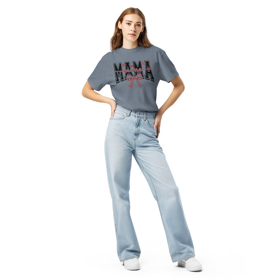“Mama Bow graphic t-shirt in slate blue jean gray, featuring a distressed collegiate MAMA text design topped with a large leo