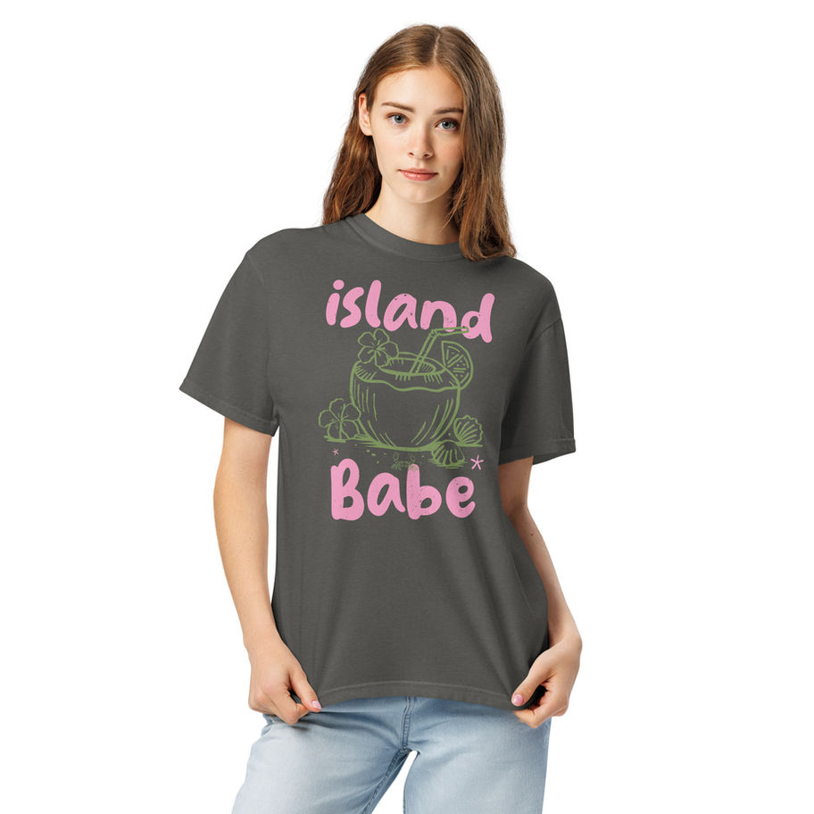 Charcoal gray heavyweight garment-dyed t-shirt featuring a minimalist tropical coconut drink graphic and retro Island Babe ty