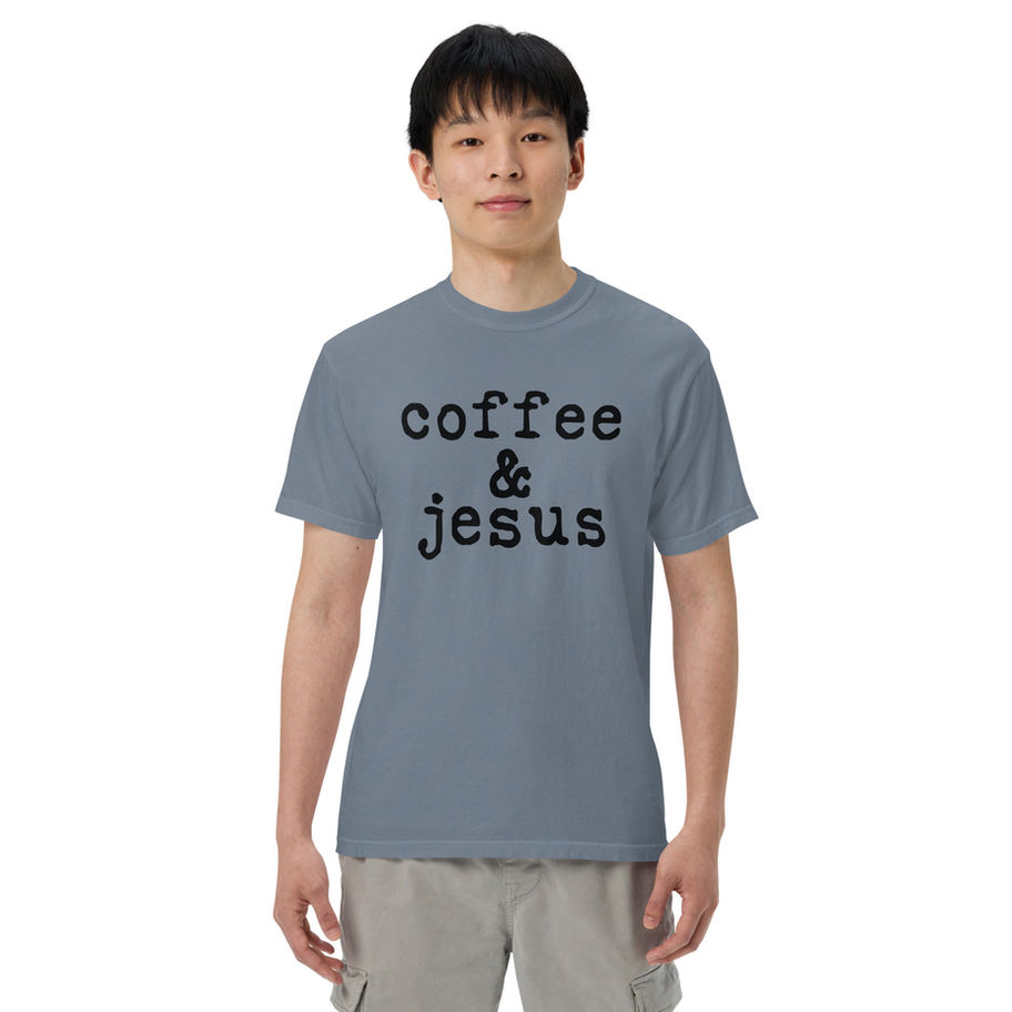 “Coffee and Jesus Christian graphic t-shirt in vintage blue jean gray, featuring bold, minimalist retro black typography stac