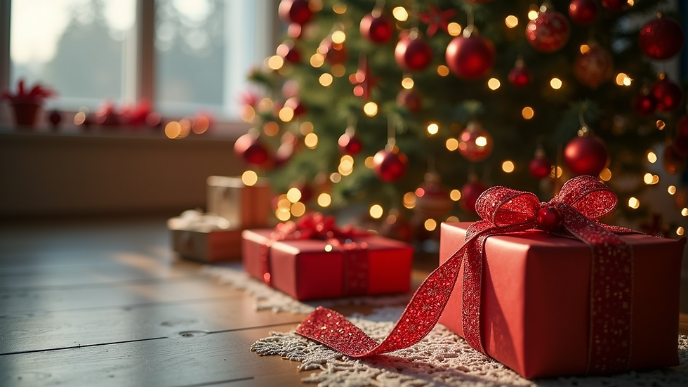 Wide angle view of festive holiday decor and gifts