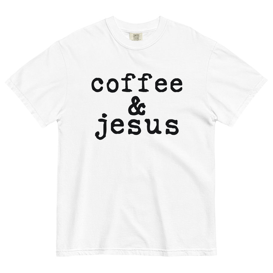 “Coffee and Jesus Christian graphic t-shirt in vintage blue jean gray, featuring bold, minimalist retro black typography stac