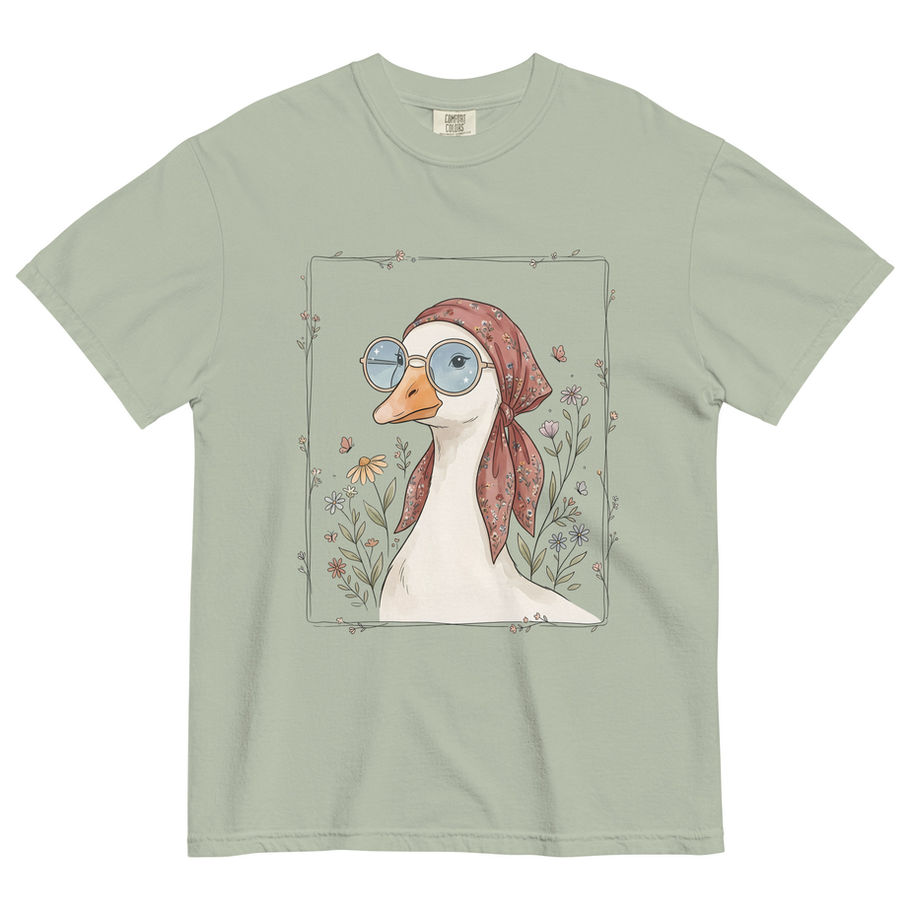 “Vintage Wildflower Goose graphic t-shirt in blue jean gray, featuring a whimsical illustration of a white goose wearing retr