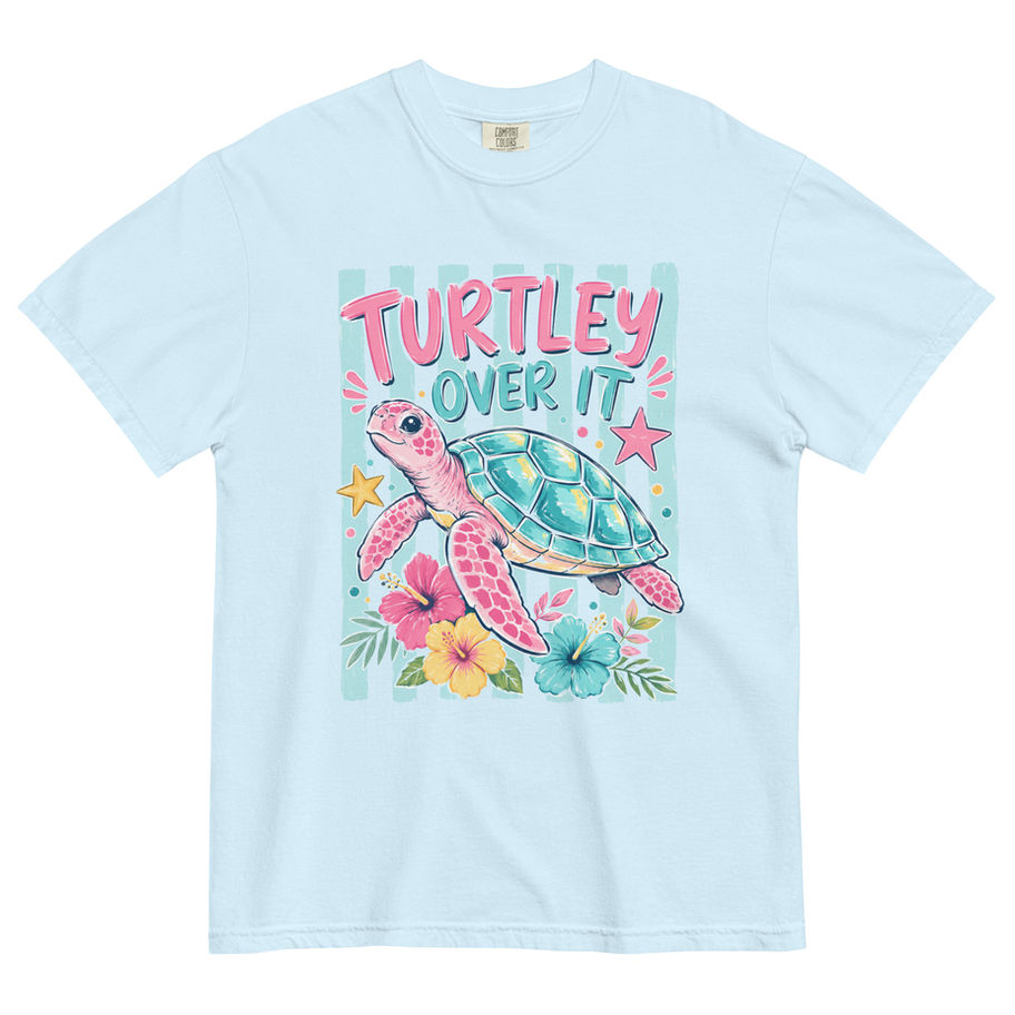Turtley Over It sea turtle graphic t-shirt in vintage pepper brown, featuring a colorful retro tropical design with hibiscus