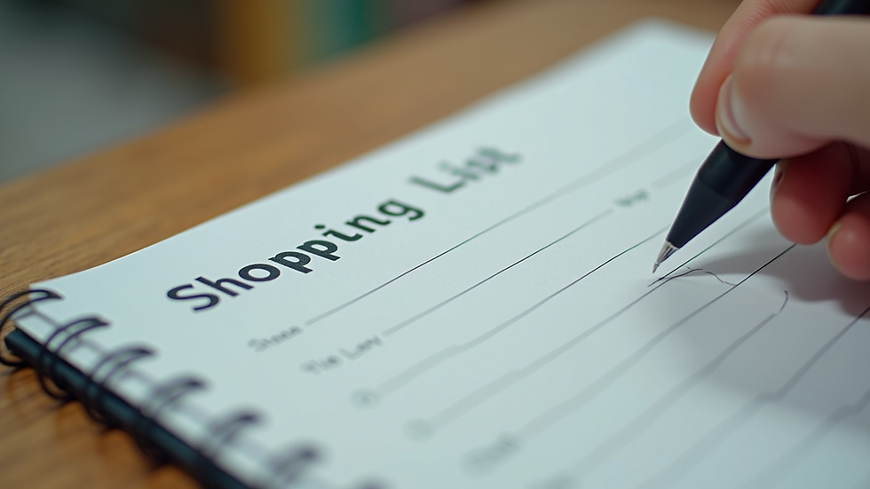 Close-up view of a shopping list organized by store