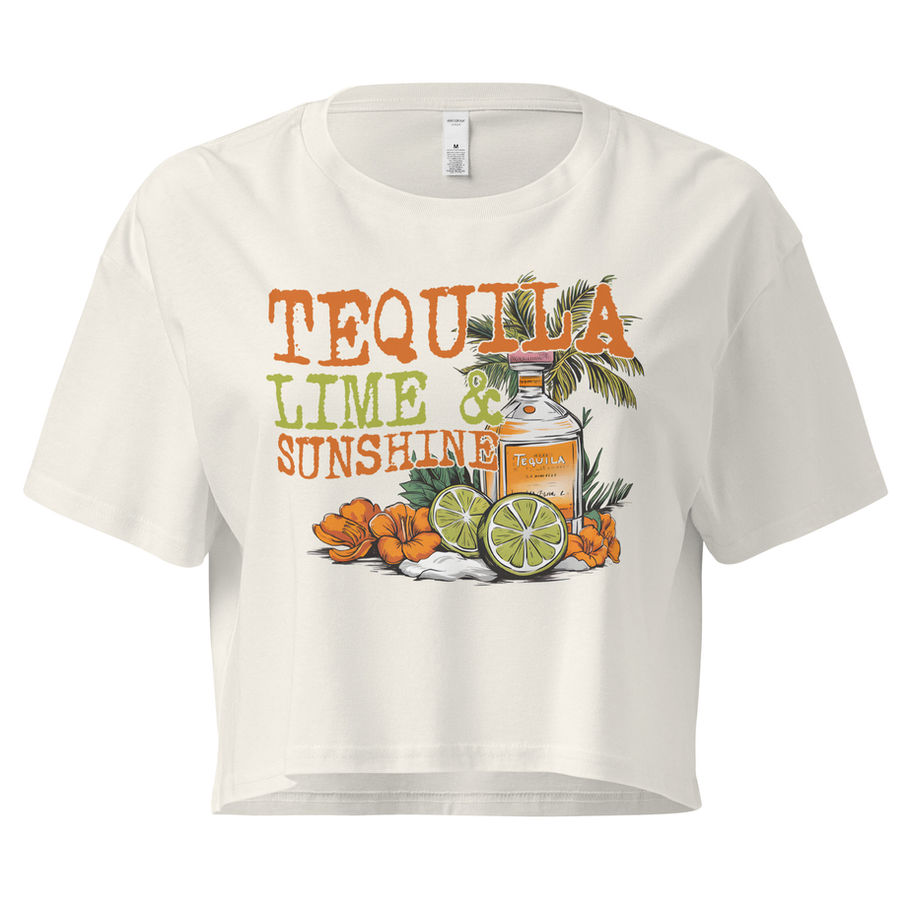 ECRU cropped t-shirt with tequila bottle, lime slices, flowers and the words tequila lime & sunshine