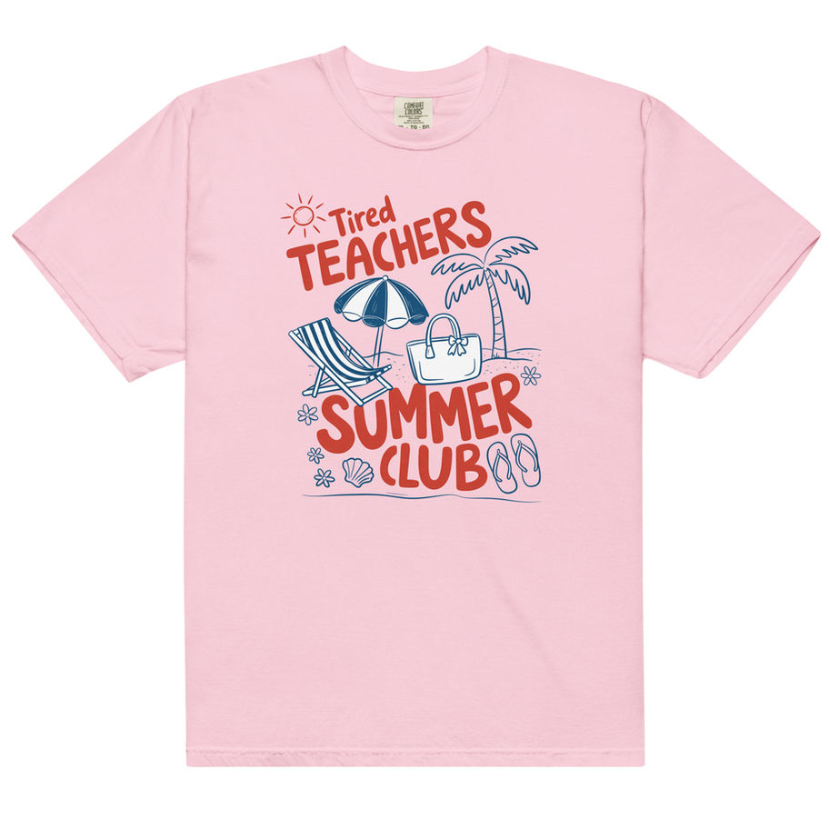 Light purple graphic t-shirt with “Tired Teachers Summer Club” summer themed design featuring playful school and beach icons