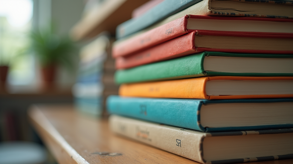 Close-up view of a colorful book stack