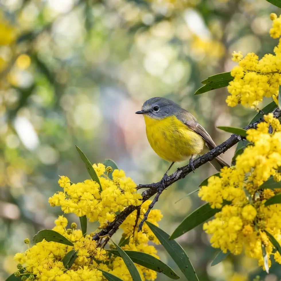 Nature photography of a small yellow and grey bird perched on a branch surrounded by vibrant yellow flowers. The scene evokes a bright, serene spring atmosphere.