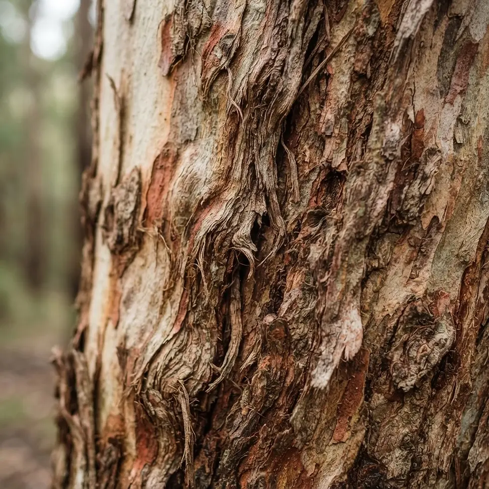 Macro nature photography, close-up of rough, textured tree bark with peeling layers. Natural lighting creates a rustic and organic atmosphere.