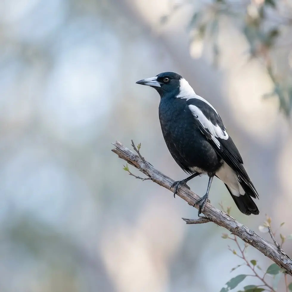 Wildlife photography featuring an Australian magpie perched on a thin branch. The shot has a soft, natural aesthetic with a blurred, light-filled background.