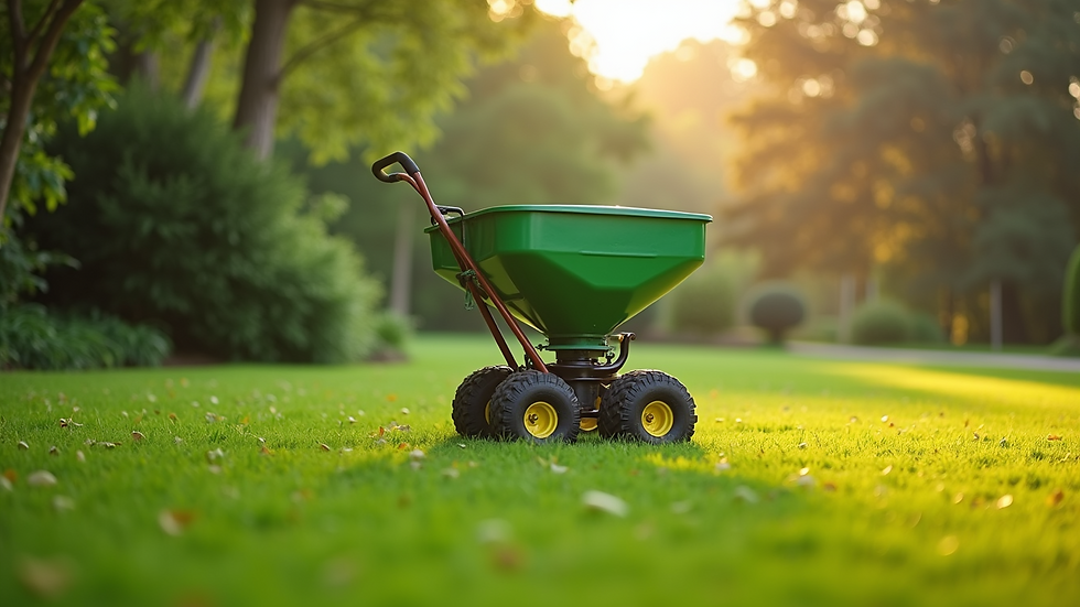 Close-up view of a fertilizer spreader on a green lawn