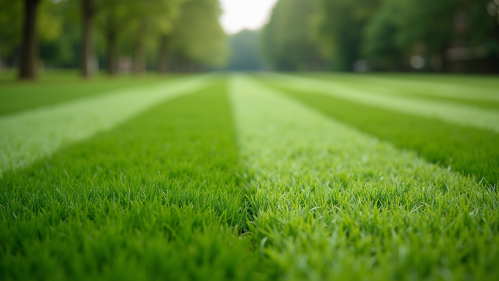 Eye-level view of a freshly mowed green lawn with neat stripes