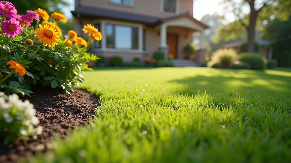 Eye-level view of a landscaped front lawn with vibrant flowers
