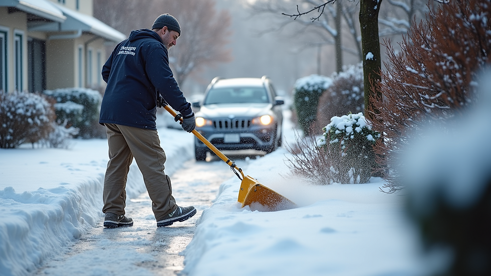 High angle view of a senior-friendly snow removal service clearing a walkway