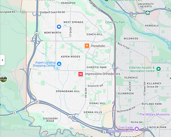 Map of Calgary T3H communities served by The Snow Retrievers including West Springs, Aspen Woods, Cougar Ridge, and Signal Hi