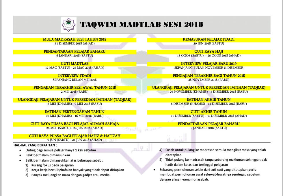 Taqwim MADTLAB Sesi 2018