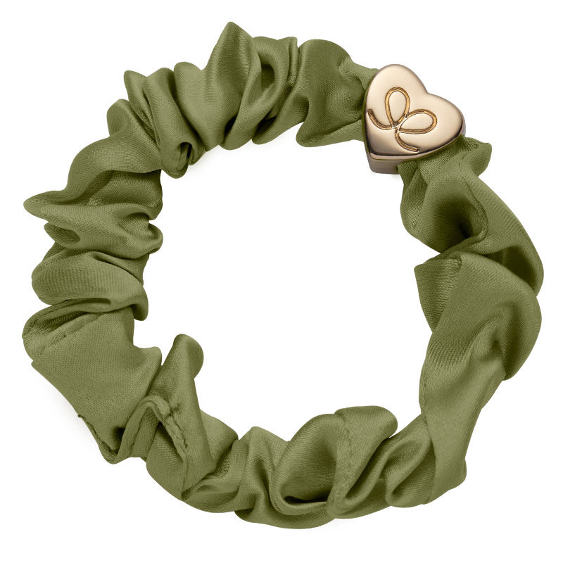 Thumbnail: byEloise Gold Heart Silk Scrunchie Olive