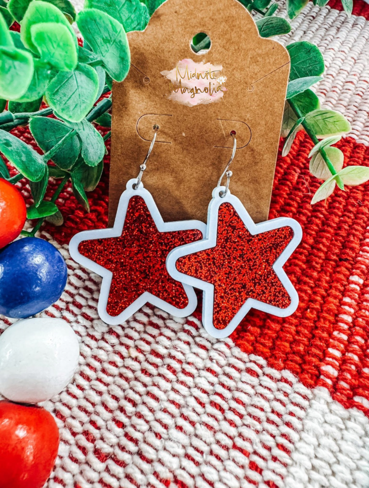 Red Glitter Star Earrings with Blue Outline