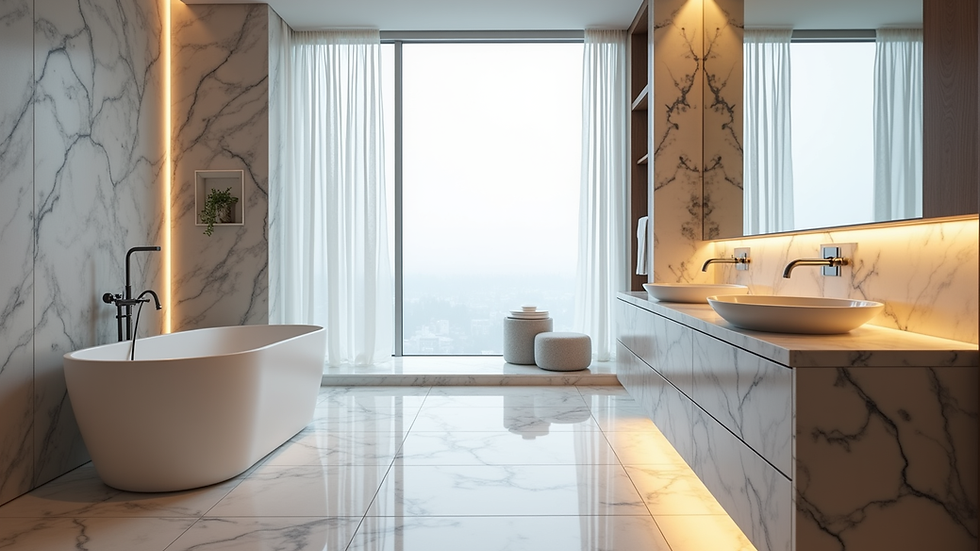 Eye-level view of a modern luxury bathroom with freestanding tub and marble countertops