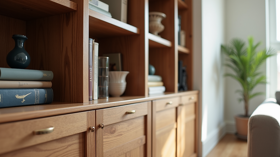 Close-up view of custom millwork and built-in shelving in a living room